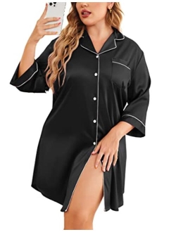 IN'VOLAND Plus Size Womens Satin Nightgown 3/4 Sleeve Sleepwear Button Down Sleepshirt Silk Nightdress for Women