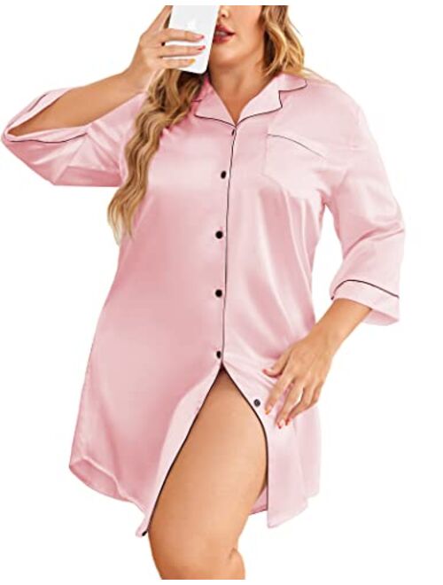 IN'VOLAND Plus Size Womens Satin Nightgown 3/4 Sleeve Sleepwear Button Down Sleepshirt Silk Nightdress for Women