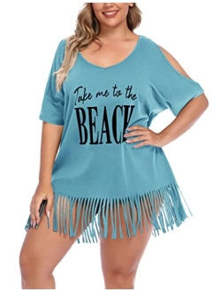 IN'VOLAND Women Plus Size Swimwear T-Shirts V Neck Letters Print Swimwear Bikini Beach Cover up