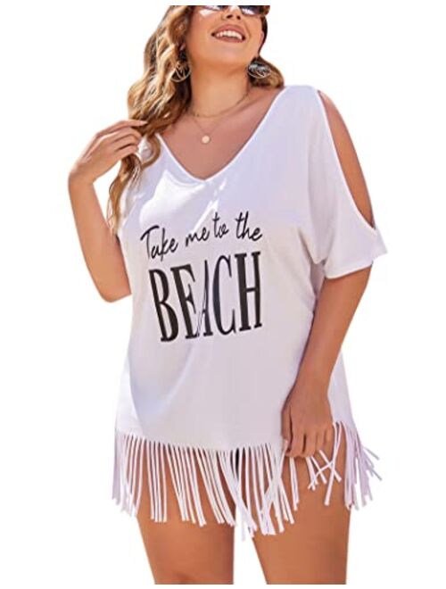 IN'VOLAND Women Plus Size Swimwear T-Shirts V Neck Letters Print Swimwear Bikini Beach Cover up