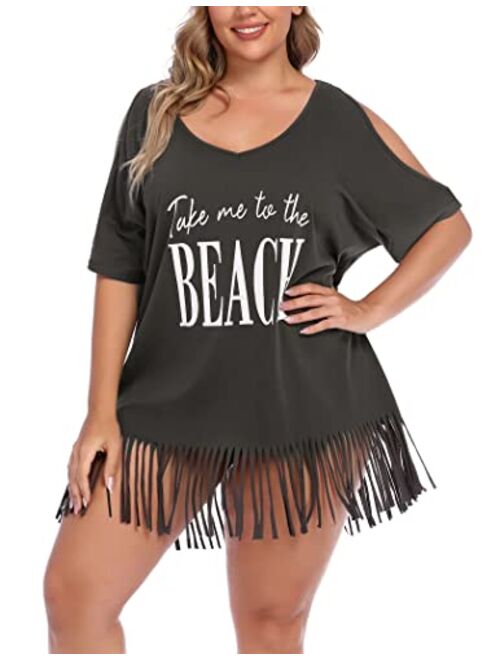 IN'VOLAND Women Plus Size Swimwear T-Shirts V Neck Letters Print Swimwear Bikini Beach Cover up