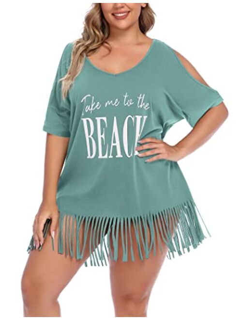 IN'VOLAND Women Plus Size Swimwear T-Shirts V Neck Letters Print Swimwear Bikini Beach Cover up