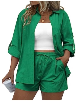 IN'VOLAND Women's Plus Size 2 Piece Outfits Cotton Linen Shirt and Drawstring Shorts Set Summer Casual Tracksuits 2023