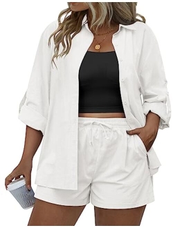 IN'VOLAND Women's Plus Size 2 Piece Outfits Cotton Linen Shirt and Drawstring Shorts Set Summer Casual Tracksuits 2023