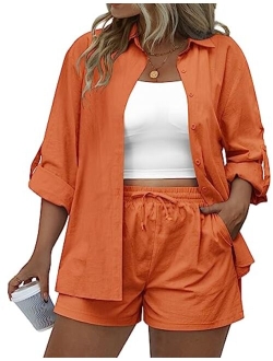 IN'VOLAND Women's Plus Size 2 Piece Outfits Cotton Linen Shirt and Drawstring Shorts Set Summer Casual Tracksuits 2023