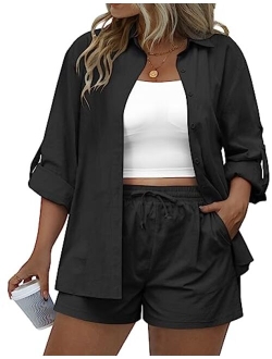 IN'VOLAND Women's Plus Size 2 Piece Outfits Cotton Linen Shirt and Drawstring Shorts Set Summer Casual Tracksuits 2023