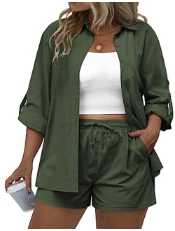 IN'VOLAND Women's Plus Size 2 Piece Outfits Cotton Linen Shirt and Drawstring Shorts Set Summer Casual Tracksuits 2023