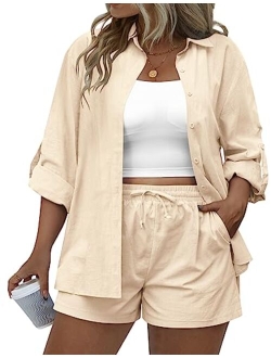 IN'VOLAND Women's Plus Size 2 Piece Outfits Cotton Linen Shirt and Drawstring Shorts Set Summer Casual Tracksuits 2023