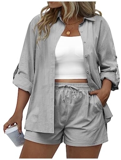 IN'VOLAND Women's Plus Size 2 Piece Outfits Cotton Linen Shirt and Drawstring Shorts Set Summer Casual Tracksuits 2023