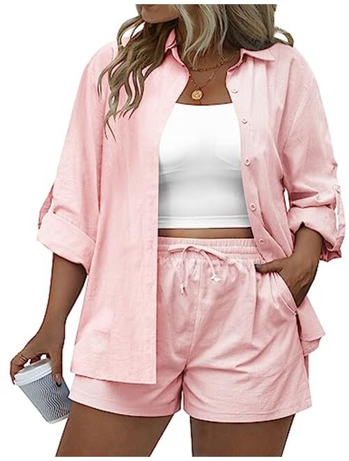 IN'VOLAND Women's Plus Size 2 Piece Outfits Cotton Linen Shirt and Drawstring Shorts Set Summer Casual Tracksuits 2023