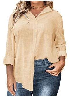 IN'VOLAND Womens Plus Size Button Down Shirt Classic Long Sleeve Button Front Shirt Women Casual Cotton Top Blouse 16-28W