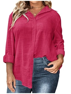 IN'VOLAND Womens Plus Size Button Down Shirt Classic Long Sleeve Button Front Shirt Women Casual Cotton Top Blouse 16-28W