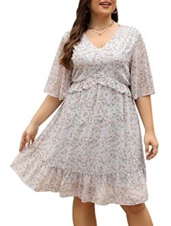 Nemidor Womens Loose Plus Size Summer Ditsy Floral Print Ruffle Mini Flowy Dress NEM314