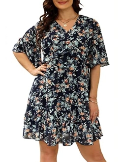 Nemidor Womens Loose Plus Size Summer Ditsy Floral Print Ruffle Mini Flowy Dress NEM314