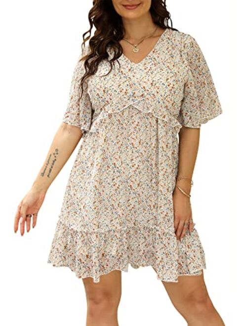 The Drop Nemidor Womens Loose Plus Size Summer Ditsy Floral Print Ruffle Mini Flowy Dress NEM314