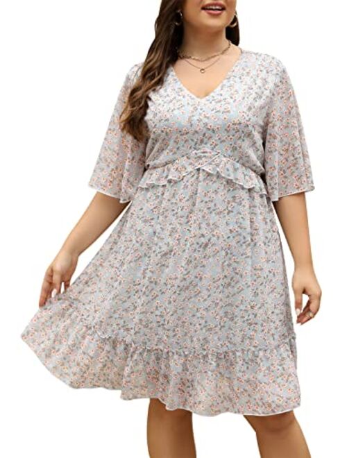 The Drop Nemidor Womens Loose Plus Size Summer Ditsy Floral Print Ruffle Mini Flowy Dress NEM314