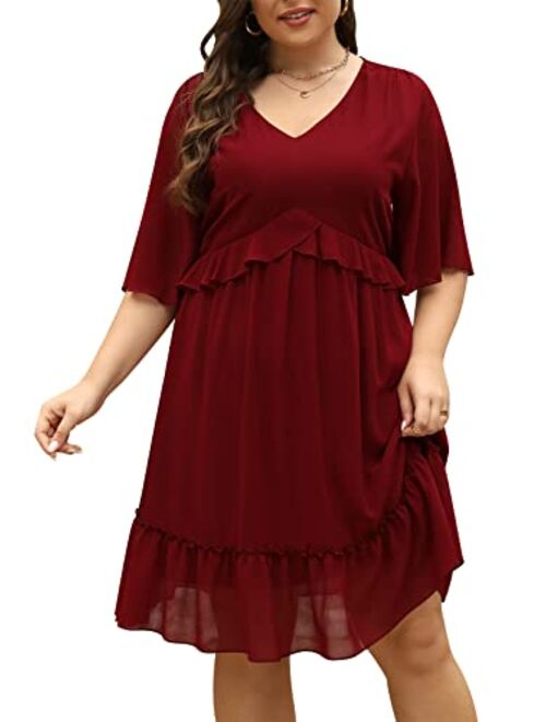 The Drop Nemidor Womens Loose Plus Size Summer Ditsy Floral Print Ruffle Mini Flowy Dress NEM314