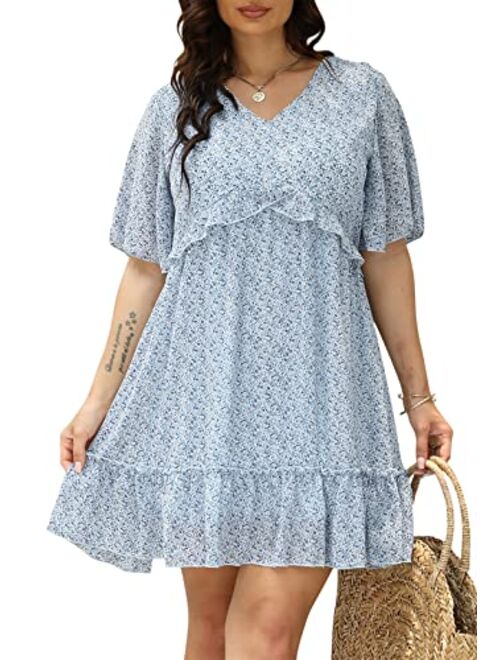 The Drop Nemidor Womens Loose Plus Size Summer Ditsy Floral Print Ruffle Mini Flowy Dress NEM314