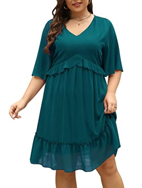 The Drop Nemidor Womens Loose Plus Size Summer Ditsy Floral Print Ruffle Mini Flowy Dress NEM314