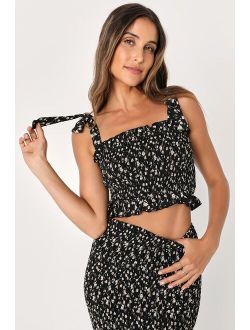 Major Crush Black Floral Print Smocked Tie-Strap Crop Top