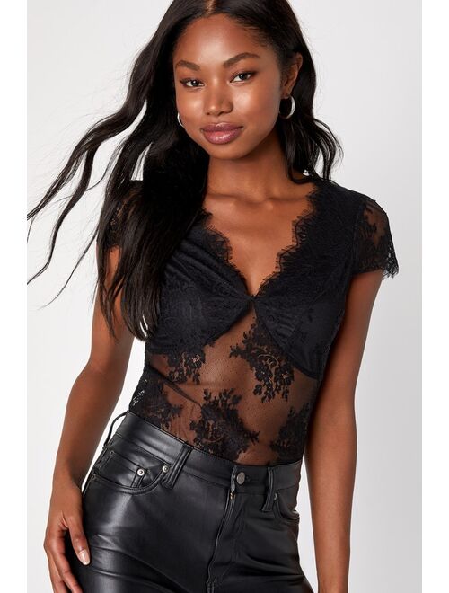 Lulus Ideally Sultry Black Lace Sheer Short Sleeve Bodysuit