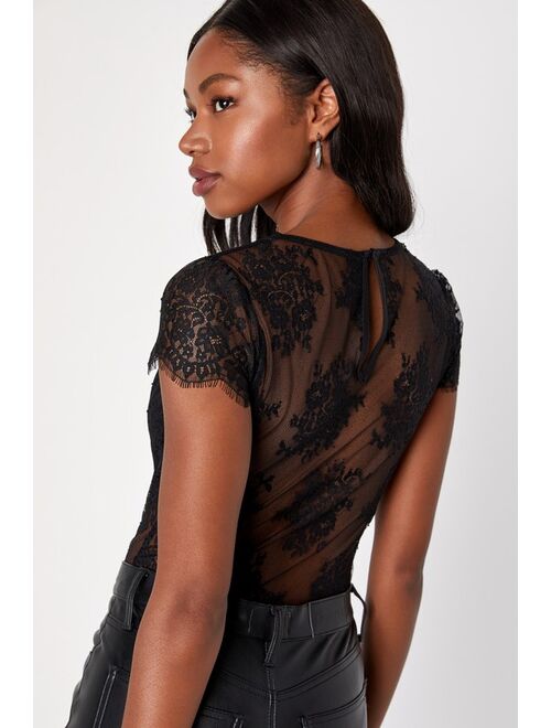 Lulus Ideally Sultry Black Lace Sheer Short Sleeve Bodysuit