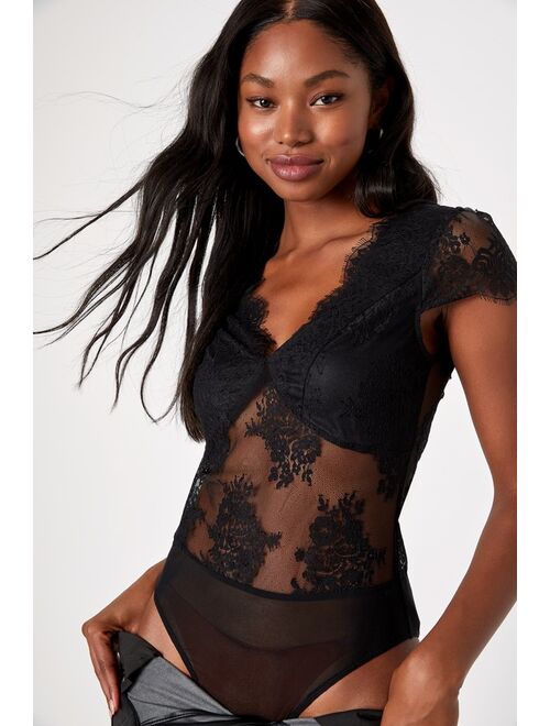 Lulus Ideally Sultry Black Lace Sheer Short Sleeve Bodysuit