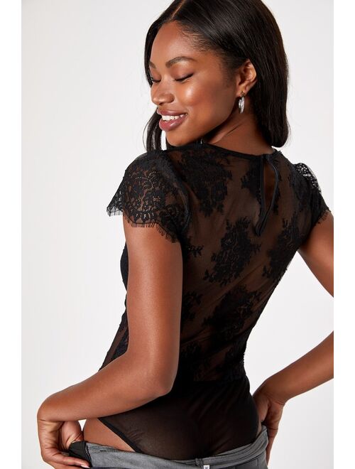 Lulus Ideally Sultry Black Lace Sheer Short Sleeve Bodysuit