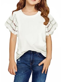 Kids Girls Summer Shirts Crewneck Ruffled Short Sleeve Blouse Tops Size 6-13 Years