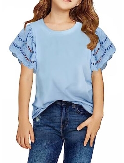 Kids Girls Summer Shirts Crewneck Ruffled Short Sleeve Blouse Tops Size 6-13 Years