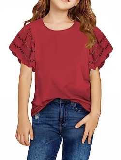 Kids Girls Summer Shirts Crewneck Ruffled Short Sleeve Blouse Tops Size 6-13 Years