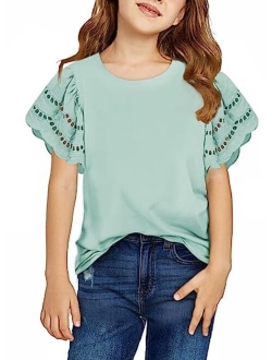 Kids Girls Summer Shirts Crewneck Ruffled Short Sleeve Blouse Tops Size 6-13 Years