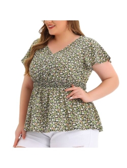 agnes orinda Plus Size Peplum Top for Women Smocked Waist Summer Floral Blouses