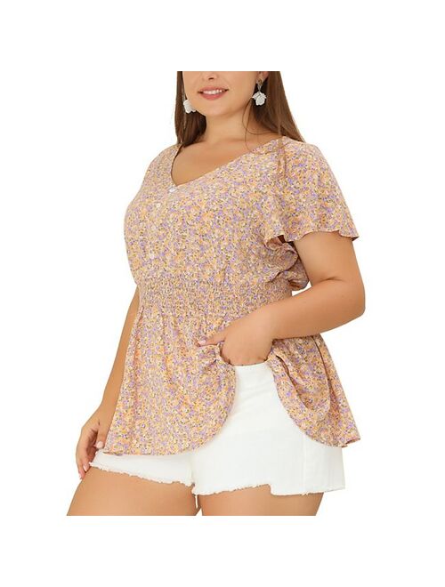 agnes orinda Plus Size Peplum Top for Women Smocked Waist Summer Floral Blouses