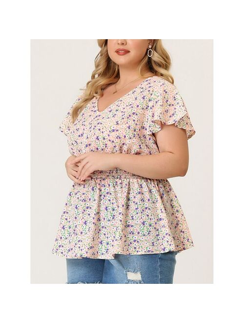 agnes orinda Plus Size Peplum Top for Women Smocked Waist Summer Floral Blouses