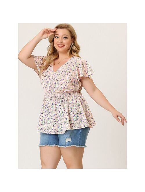 agnes orinda Plus Size Peplum Top for Women Smocked Waist Summer Floral Blouses