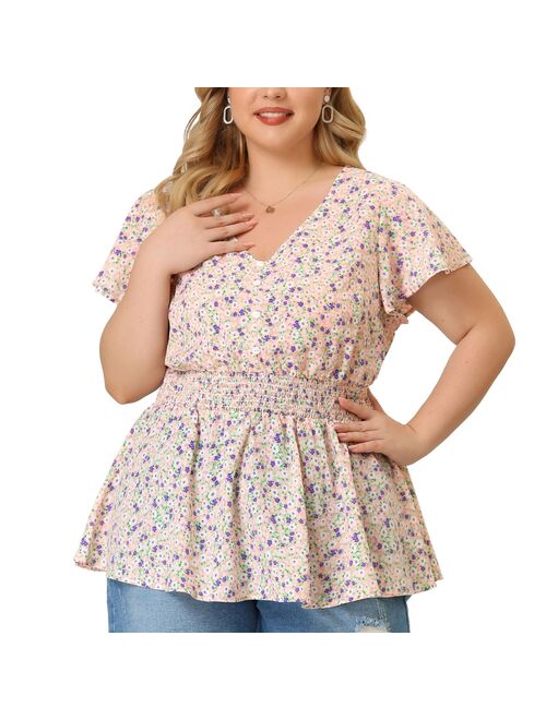 agnes orinda Plus Size Peplum Top for Women Smocked Waist Summer Floral Blouses