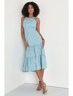 Celebration Charm Blue Satin Jacquard Tiered Midi Dress