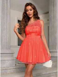 Double Crazy One Shoulder Backless Mesh Fit and Flare Dress