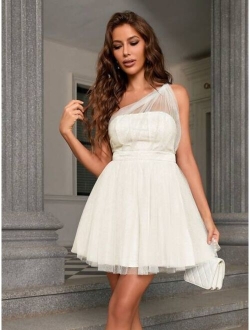 Double Crazy One Shoulder Backless Mesh Fit and Flare Dress