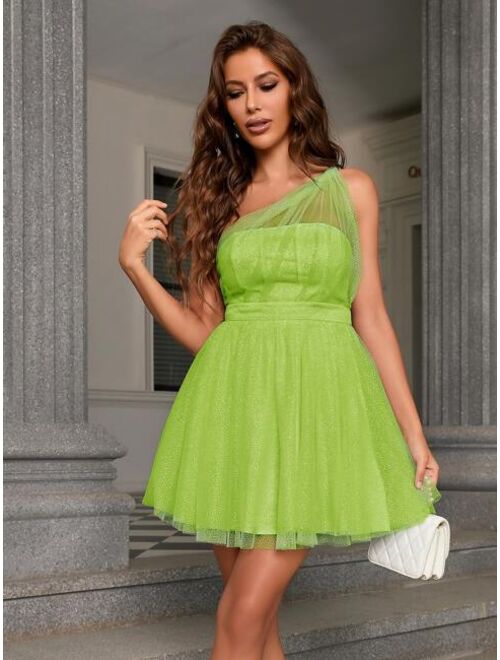 Double Crazy One Shoulder Backless Mesh Fit and Flare Dress