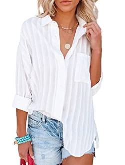 Astylish Womens V Neck Striped Roll up Sleeve Button Down Blouses Top