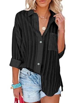 Astylish Womens V Neck Striped Roll up Sleeve Button Down Blouses Top