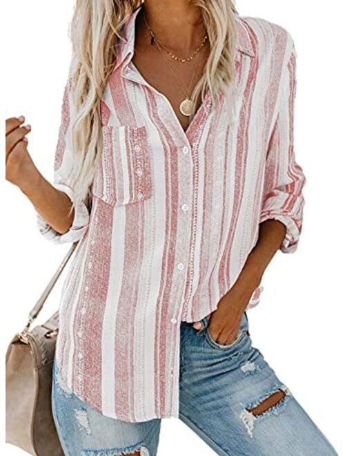 Astylish Womens V Neck Striped Roll up Sleeve Button Down Blouses Top