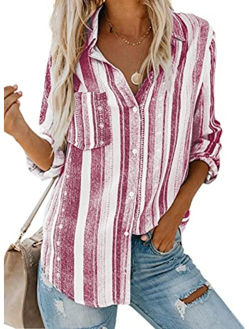 Astylish Womens V Neck Striped Roll up Sleeve Button Down Blouses Top