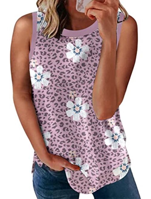 Biucly SHEWIN Womens Summer Crewneck Tank Top Casual Loose Sleeveless Tops Shirts