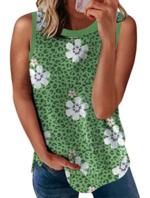 Biucly SHEWIN Womens Summer Crewneck Tank Top Casual Loose Sleeveless Tops Shirts