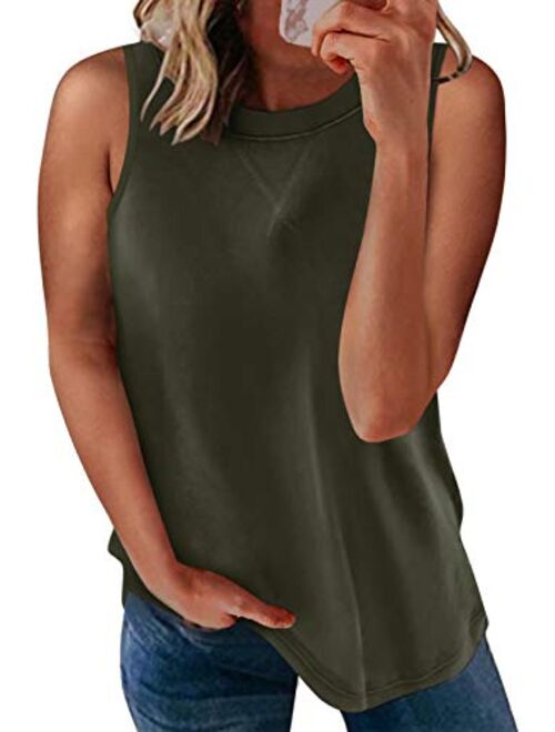 Biucly SHEWIN Womens Summer Crewneck Tank Top Casual Loose Sleeveless Tops Shirts