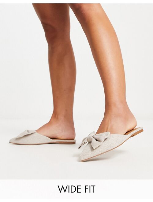 ASOS DESIGN Wide Fit Lass oversized bow pointed flat mules in natural