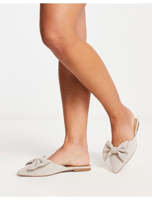 ASOS DESIGN Wide Fit Lass oversized bow pointed flat mules in natural